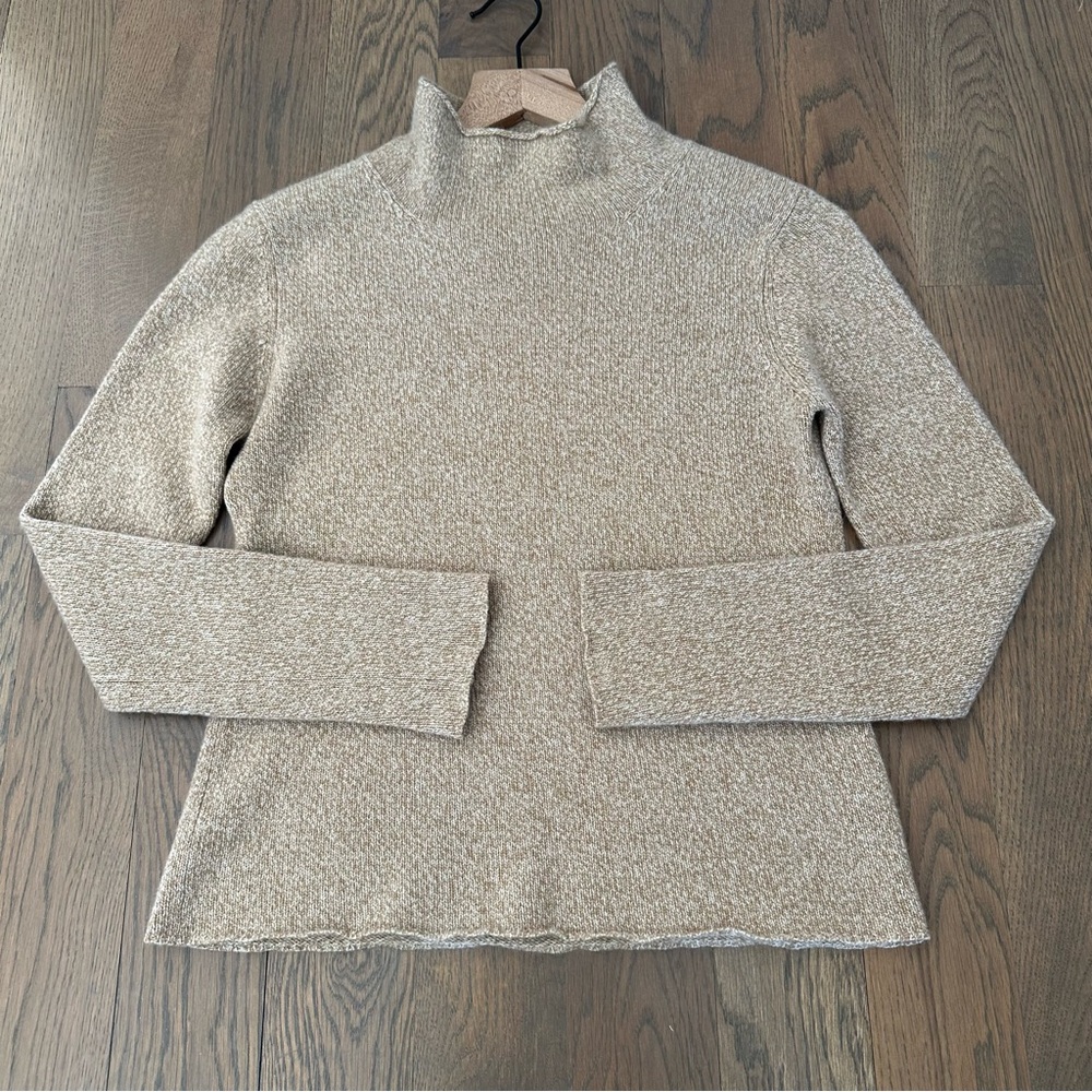 TSE 100% Cashmere Classic Knit Funnel Neck Sweater Tan and White Melange Small - Picture 3 of 8